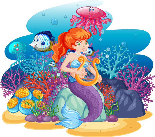 可爱的美人鱼与动物海洋主题场景卡通图片下载