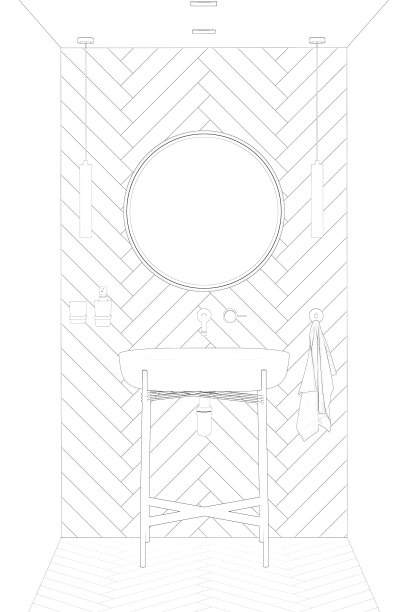 浴室内部的草图，铺着瓷砖的地板和墙壁，灯之间有一面圆镜子，一个有腿的脸盆，一条毛巾，和一个分配器。前视图。图片下载