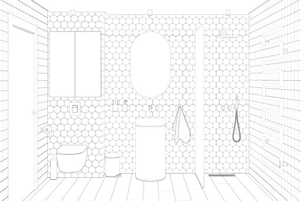 浴室内部的示意图，有隔断淋浴，加热毛巾架，脸盆上方的椭圆形镜子，壁挂式卫生间上方的橱柜，门和瓷砖地板。前视图。图片下载