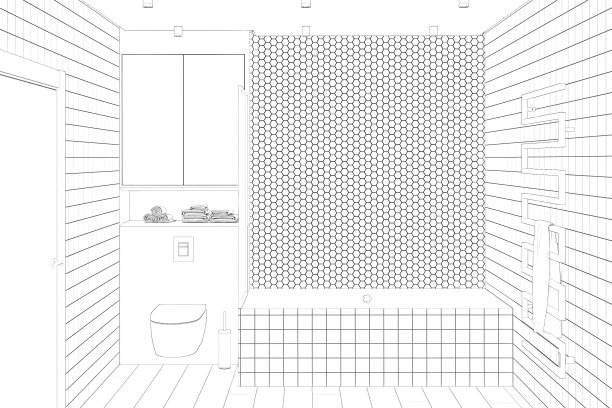 浴室的草图与隔断浴室旁边的马赛克墙，加热毛巾栏杆与一条毛巾，内置卫生间，储物柜，门，瓷砖地板。图片下载