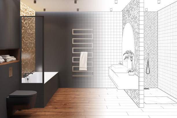 这幅素描变成了一间真正的黑色浴室，有木地板、淋浴器、脸盆、金色马赛克墙上的镜子、毛巾、加热毛巾架、有隔断的浴室、抽水马桶。图片下载