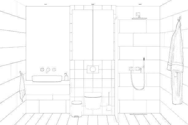 浴室的草图:一个大的矩形镜子在一个脸盆上，一个储物柜在一个内置的马桶上，一个带隔断的淋浴，一件浴衣。前视图。图片下载