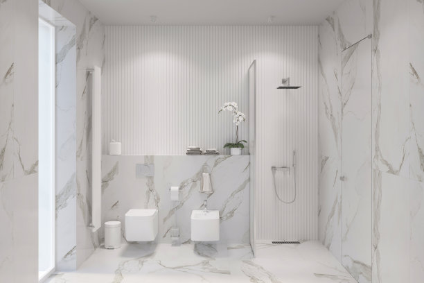 白色浴室有窗和门，淋浴间有玻璃隔断，悬挂厕所和坐浴盆，大型加热毛巾栏杆，大理石地板和墙壁，装饰在大理石架子上。前视图。图片下载