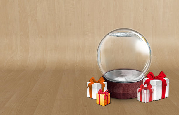 空雪球在一个木制的背景为庆祝新年前夕，生日，圣诞节和年底冬季事件3d插图图片下载