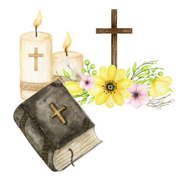 木制的基督十字架上有花，圣经，破坏物。天主教教堂花的交叉组成孤立在白色的背景。宗教象征复活节，洗礼，第一张圣餐卡图片下载