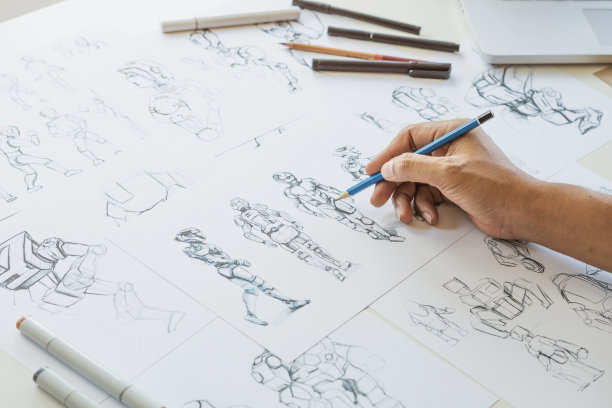 动画设计师开发设计绘图草图开发创造图形姿态人物科幻机器人卡通插图动画视频游戏电影制作，动画设计工作室。图片下载