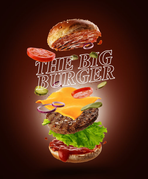 跳汉堡的广告，美味诱人的汉堡与新鲜的配料在棕色的背景。芝士汉堡。图片下载