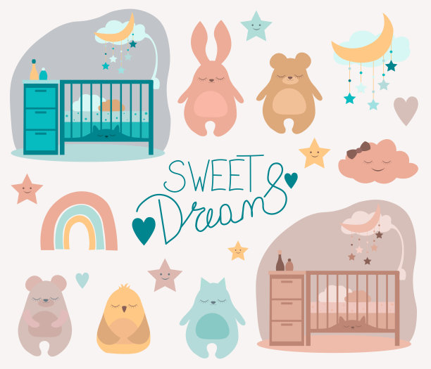 平面向量婴儿床套，可爱的睡觉动物，云，星星，移动，月亮为孩子打印，海报，婴儿衣服图片下载