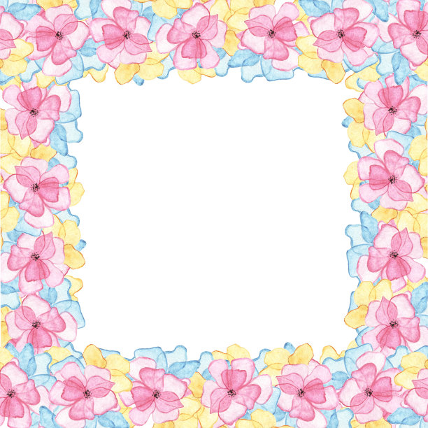 花框架与水彩彩色粉红色花与蓝色和黄色的花瓣。精美的植物插画，婚礼请柬。图片下载