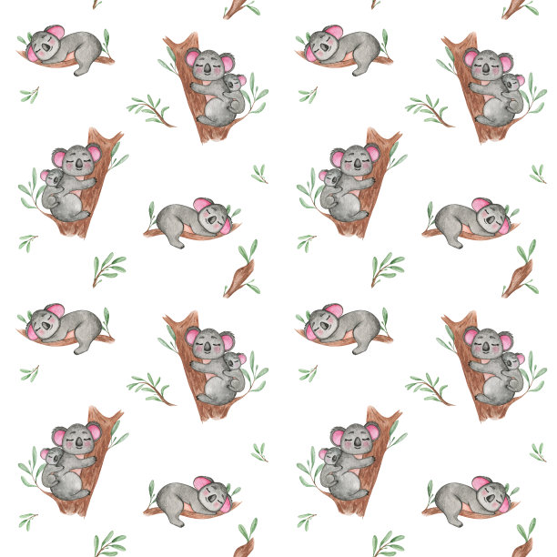 无尾熊无缝图案水彩画，澳洲动物重复背景，可爱的小动物，无尾熊与幼崽，儿童剪贴纸，宝宝淋浴，儿童，托儿所墙纸，包装，纺织品图案设计，织物印花图片下载