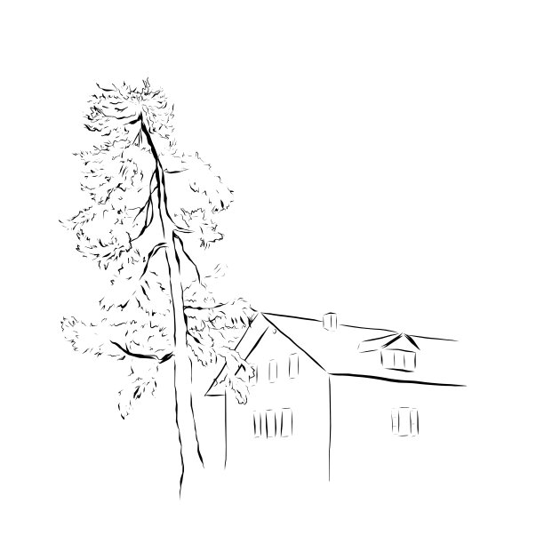带有线条艺术房子和树的矢量极简卡片。在白色背景上手绘线性构图。轮廓插图设计，打印，织物或背景。图片下载