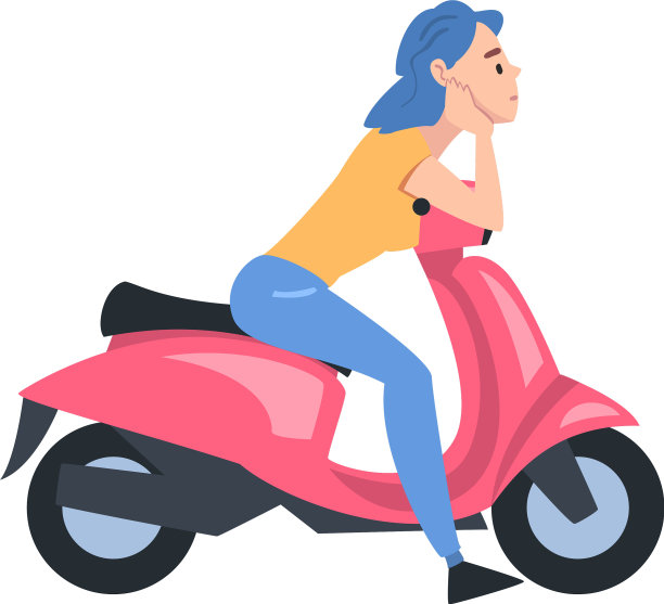 年轻女子坐在摩托车旁观看图片下载