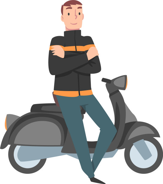 年轻人站在他的摩托车漫画旁边图片下载