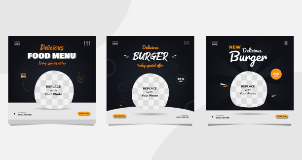 一套汉堡的社会媒体张贴模板与黑色和白色的背景图片下载