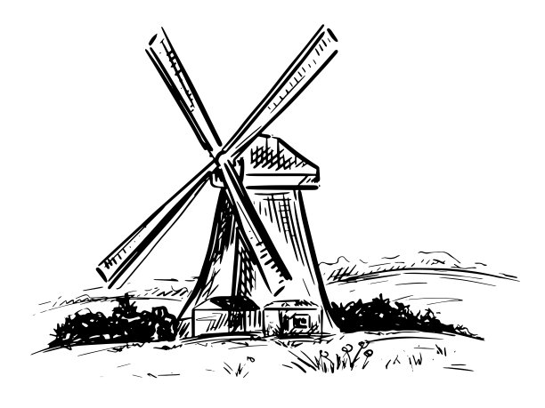 风车手绘风格。自然的矢量素描。农场画图片下载