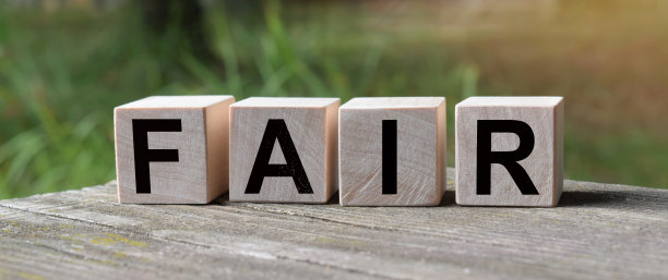 FAIR这个词写在木方上。木质立方体在绿色草坪的背景为您的设计，概念。图片下载