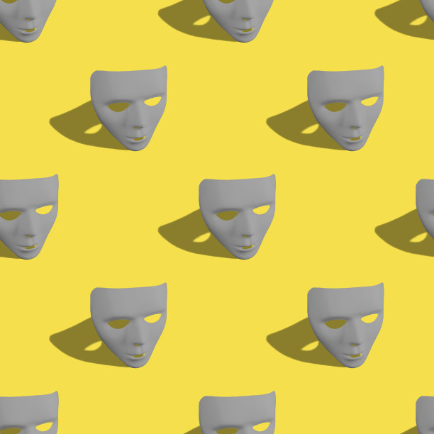 无缝的创意模式布局与终极灰色嘉年华面具照明黄色背景。图片下载