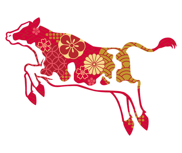 侧面是一头跳跃的荷斯坦奶牛的剪影。带有日式的红色和金色图案。图片下载
