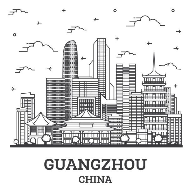 用白色隔离的现代建筑勾勒出中国广州城市的天际线。图片下载