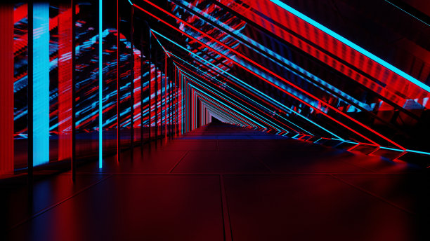 三维彩色霓虹灯三角形隧道环路与光滑的坡道或地板。图片下载