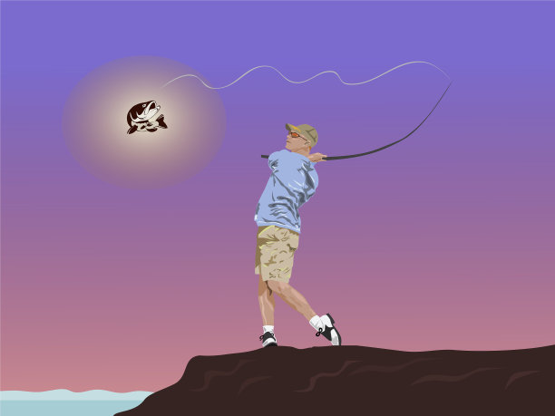 一个垂钓者用鱼拉动钓竿图片下载