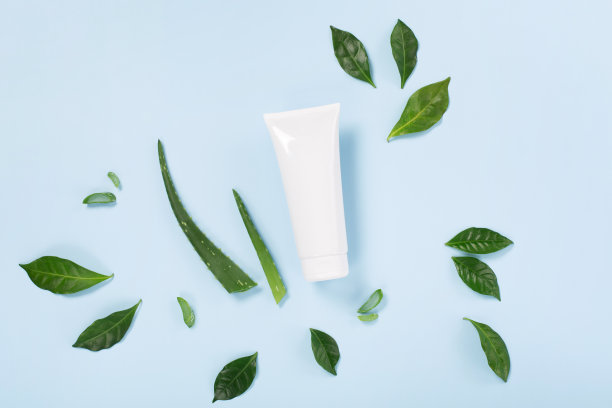 化妆品霜面部模型管容器或身体乳液，芦荟和绿叶在蓝色背景。图片下载