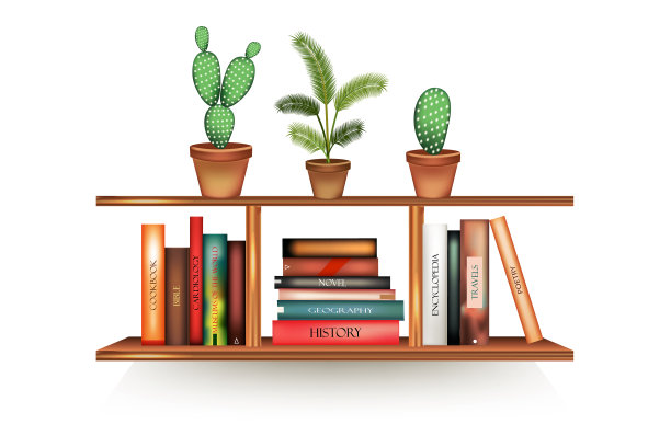 有空洞书脊和花盆的写实书籍图片下载