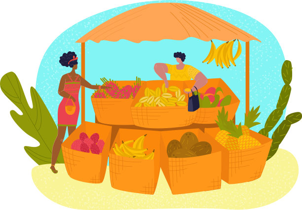 市场摊位热带水果套平风格图片下载