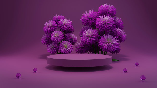 3D渲染花背景紫色，紫罗兰色与几何形状裙台产品展示，最小的概念，溢价插图粉彩花卉元素，美丽，化妆品。图片下载