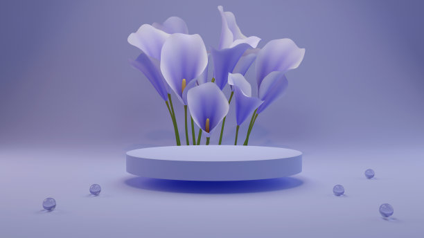 3D渲染花背景紫色，紫罗兰色与几何形状裙台产品展示，最小的概念，溢价插图粉彩花卉元素，美丽，化妆品。图片下载