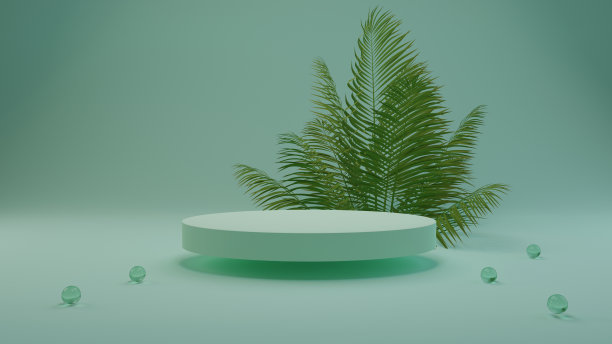 棕榈3D渲染花背景绿色与几何形状裙台产品显示，最小的概念，溢价插图粉彩花卉元素，美丽，化妆品。图片下载