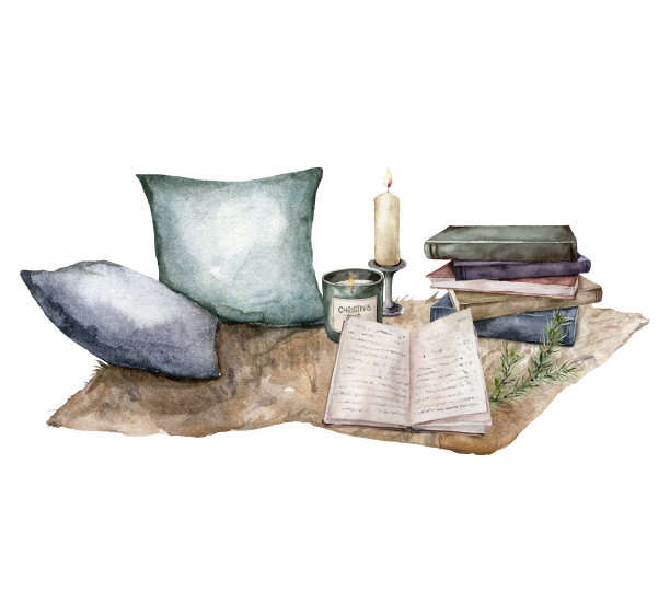 水彩圣诞作文蜡烛，枕头，书和冷杉树枝。手绘节日贺卡孤立在白色背景。插图设计，印刷，织物或背景。图片下载