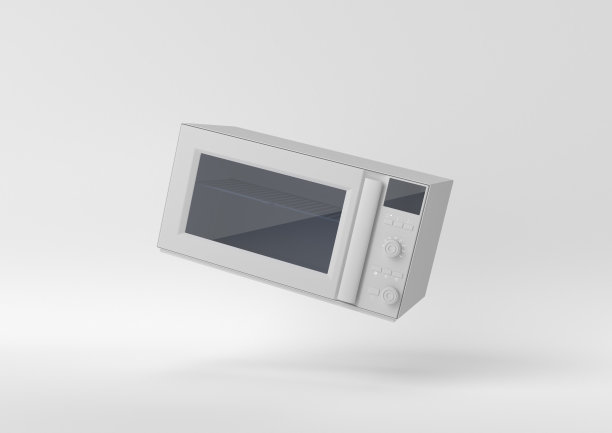 白色微波炉漂浮在白色背景上。最小的概念的想法。单色。3 d渲染。图片下载