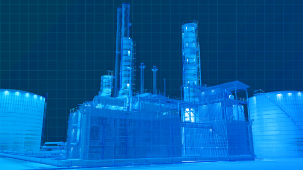 蓝色主题数字线框扫描视图从红外相机视角扫描建筑在黑暗中的炼油厂厂房，3D渲染为背景合成。图片下载