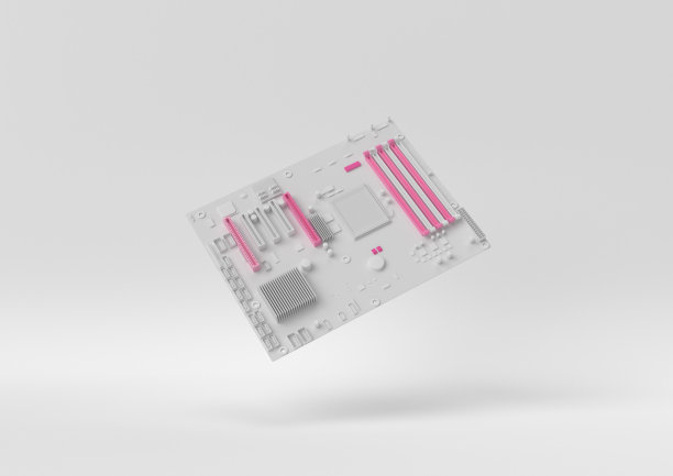 白色电脑主板或带有粉红色插座的主板漂浮在白色背景上。最小的概念的想法。柔和的颜色。3 d渲染。图片下载