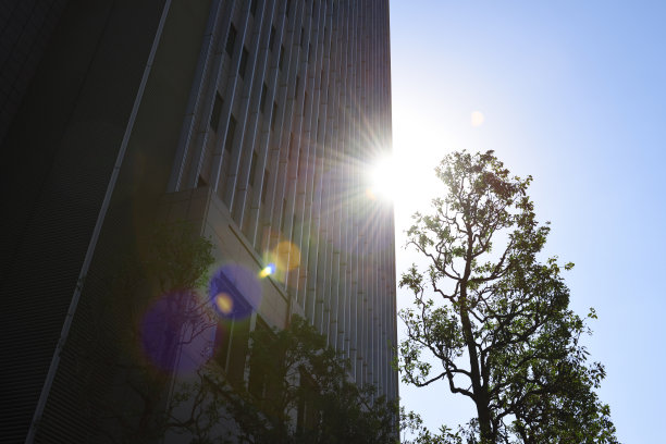 低角度的现代办公建筑对晴朗的天空图片下载