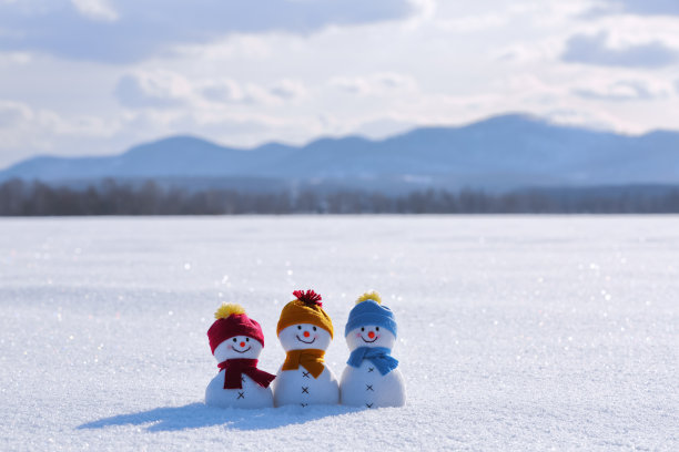 戴着帽子的雪人和披着羊皮的雪人在雪地上。美丽的冬天背景。圣诞快乐，恭贺新禧。有高山的景观。图片下载