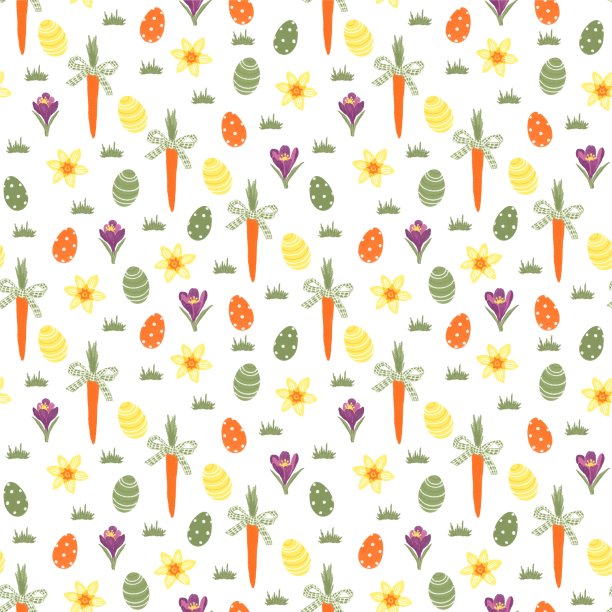 无缝复活节图案与彩色鸡蛋，胡萝卜和春天的花图片下载