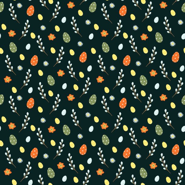 可爱的复活节背景与五颜六色的鸡蛋，春天的树枝和鲜花图片下载