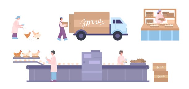 禽畜厂工人及设备成套，卡通矢量插图孤立。图片下载