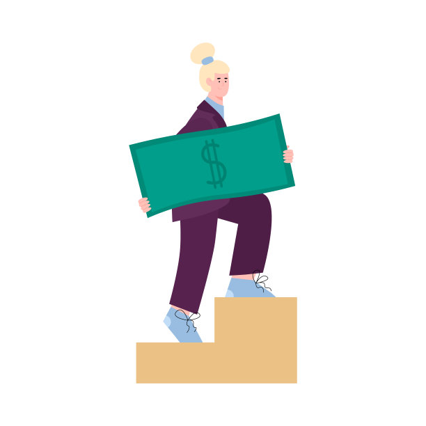 商界女性带着钱爬楼梯，卡通矢量插图孤立。图片下载