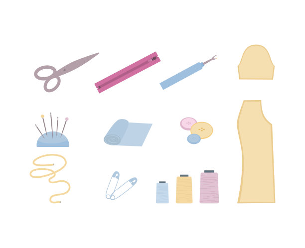 裁缝工具和服装图案集，卡通矢量插图孤立。图片下载