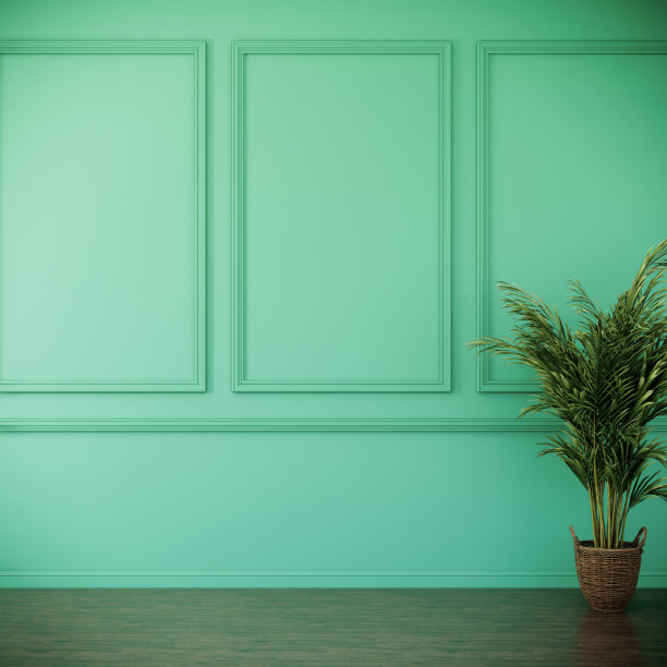 绿色墙与树在现代室内背景，客厅，3D渲染插图图片下载