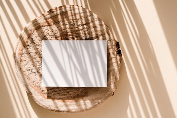 空白卡片木制板米色背景与棕榈叶阴影。最小的概念模拟背景。图片下载