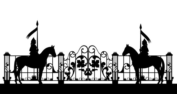 骑士与马匹由关闭的大门和篱笆黑色矢量剪影图片下载
