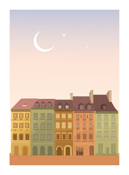 温馨的城市，温馨可爱的手绘小镇。明信片和房子。图片下载