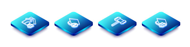 2.5D房屋盾牌、毕业帽和硬币、法官锤子图标矢量素材图片下载