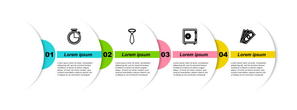 设定线秒表，领带，安全和堆栈纸币现金。业务信息模板。向量图片下载