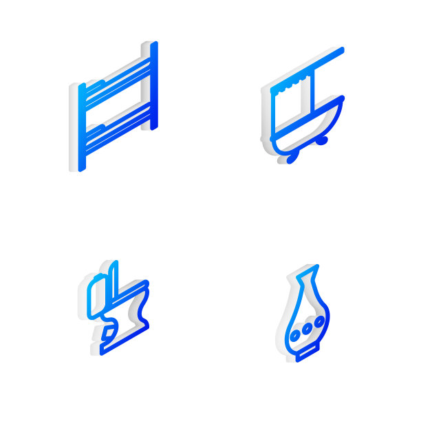 设置等距线浴缸浴帘，双层床，抽水马桶和花瓶图标。向量图片下载