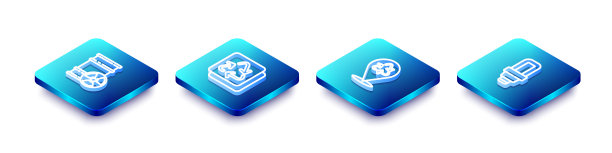 设定等距线放射性废物桶，回收，和LED灯泡图标。向量图片下载